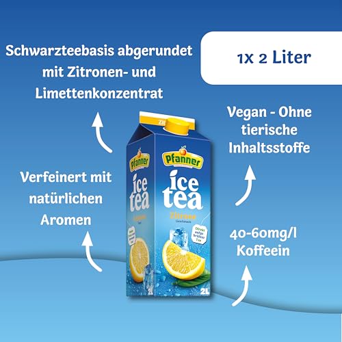 Pfanner Eistee Zitrone – 1 x 2 l Tetra Pak- direkt aufgebrühter Tee mit Limetten- und Zitronensaft – Ice Tea Karton 4
