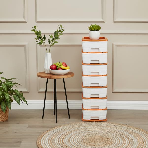 Image of Plastic Modular Drawer Storage Chest Of Drawers Organizer Storage Box, Large Stomo Racks For Multipurpose Anti-slip Shoes Organizers (White & Golden, 7 Layer)