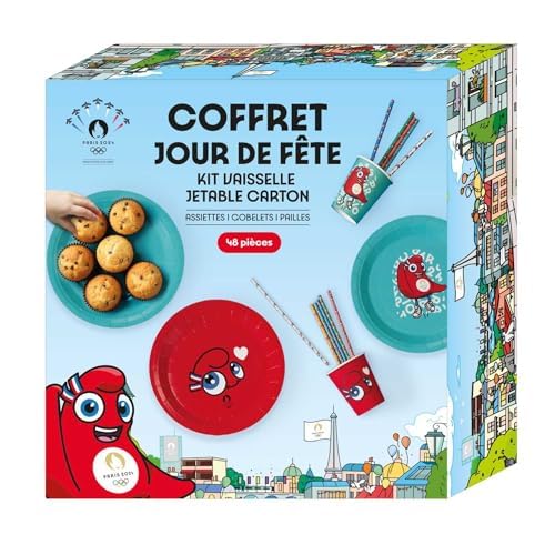 PARIS 2024 - CJO1700 Box Vaisselle Jetable Jour de Fête Mascotte - Produit Officiel Sous Licence - 48 Pièces - 12 Gobelets - 24 Pailles - 12 Assiettes