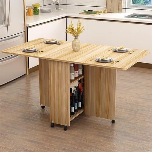 Mesa de comedor plegable extensible con 6 ruedas que ahorra espacio, diseño de hojas de caída, mesa de madera con estantes de almacenamiento abiertos para comedor, trabajo y estudio, 140 cm