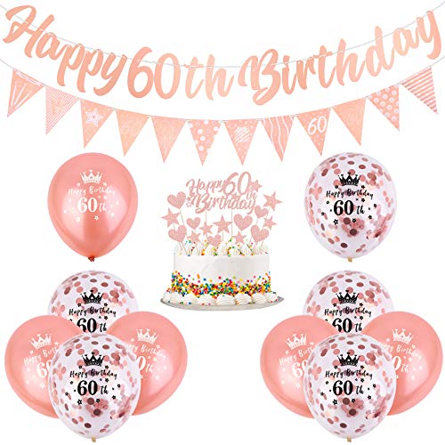 ADXCO Rotgoldenes Dekorationsset zum 60. Geburtstag, beinhaltet rotgoldenes Banner zum 60. Geburtstag, dreieckige Flagge, Banner, Kuchenaufsatz und Konfetti-Latex-Luftballons für Party Dekoration Cover