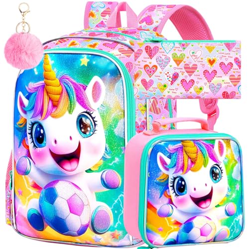 Image of 3Pcs Unicorn Backpack for Girls, 16 inch Soccer School Backpacks Set for Elementary Preschool Kindergarten, Kids Bookbag with Lunch Box(Pink)
