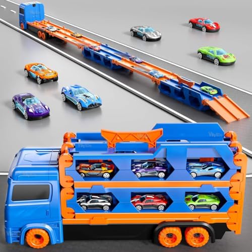 Image of Vikrida Big Hauler Storage & Deform Transport Truck Toy with 2 Foldable Ejection Race Track & 2 Pcs Die cast Cars for Kids - Blue Color