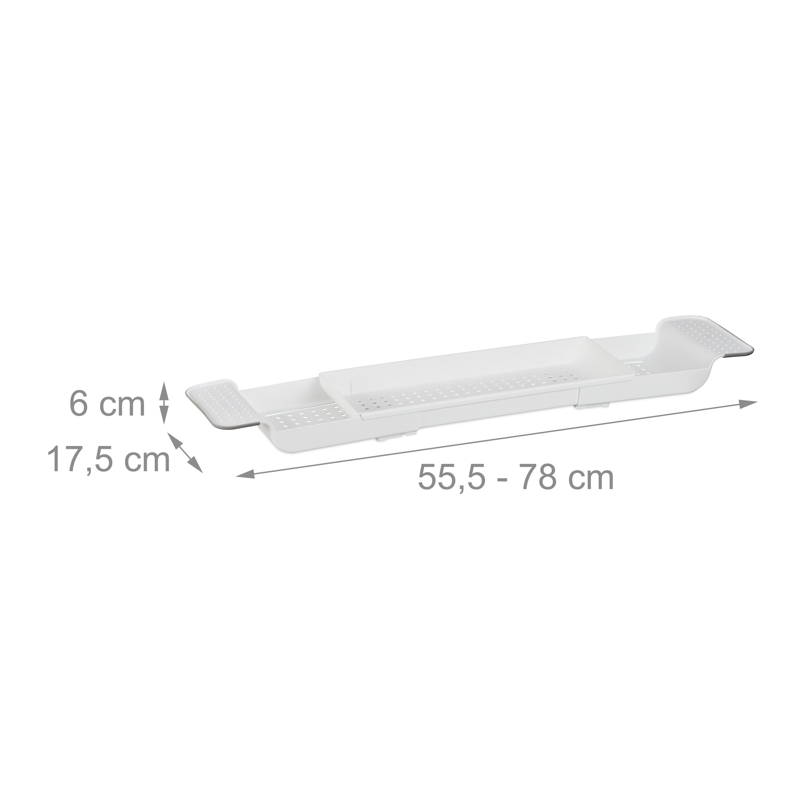 Relaxdays Vassoio per la Vasca da Bagno, Allungabile 55,5-78 cm, Plastica, Ripiano Fori per Drenaggio dell'Acqua, Bianco