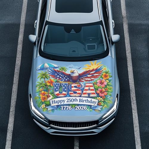 Image of 251 Years American Flag Eagle Hibiscus Pattern Car Hood Cover Polyester Car Bonnet Banner Engine Cover Decoration, Automotive Hood Covers Suitable for SUV Van Pickup