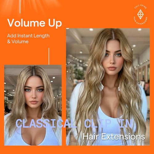 Image of Full Shine 18 Inch Clip in Extensions Remy Human Hair | Clip in Hair Extensions, Chestnut Brown Balayage to Brown With Platinum Blonde, Real Hair Clip ins, Double Weft, 7 Pcs 120g