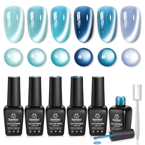 Image of Beetles Moonlit Mist Cat Eye Gel Nail Polish Set, 6 Colors Blue Cat Eye