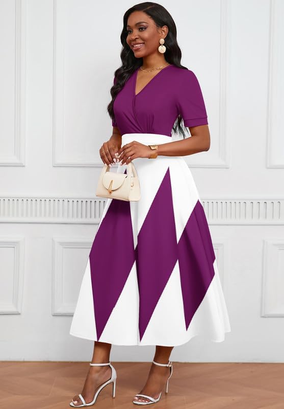 Image of MarryUP Women's Midi Dresses - V Neck Cocktail & Church Tea Dresses - Short Sleeve A-Line Swing Dress