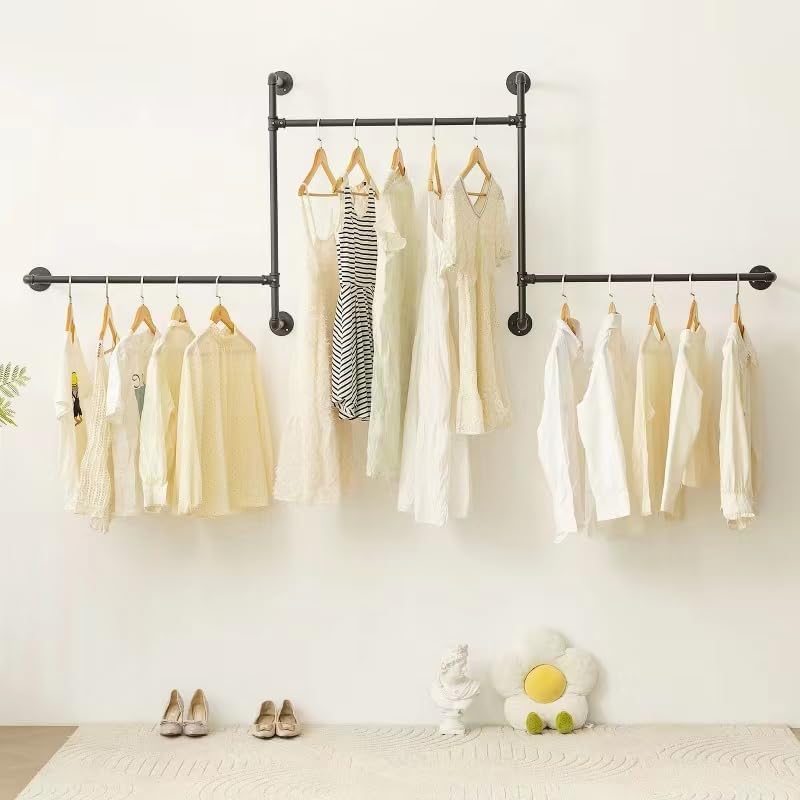 Miniatura 3 de Perchero industrial para ropa de pared con rieles de ropa de tubería, barras colgantes de ropa resistente, organizador de armario que ahorra espacio