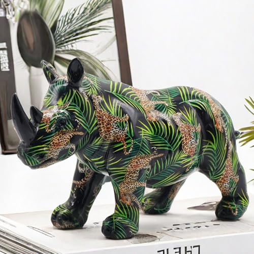 BZHIB Statue de rhinocéros colorée fabriquée à la main en résine de 25,4 cm pour décoration de bureau et d'étagère, décoration unique de maison et de...