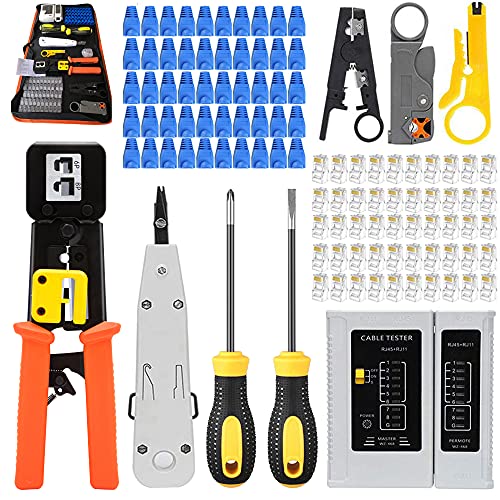 LEATBUY Crimp Tool Kit for RJ45/RJ11/RJ12/CAT5/CAT6/Cat5e, Professional Network Crimper Wire Connector Stripper Cutter, Computer Maintenance Lan Cable Pliers Tester Repair Set(Yellow)