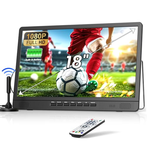 NORTHING - TV portátil de 18 pulgadas con fuente de alimentación integrada de 6000 mAh, televisor pequeño Full HD 1080P con antena, TV de coche de 12 V, compatible con entrada USB/HDMI/AV, funciona