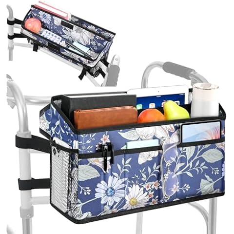 Rhino Valley Walker Basket for Folding Walker, Multi-Pocket Walker Tray with Cup Holder, Foldable Walker Bag, Large Storage Basket for Walker, Walker Accessories for Seniors, Blue Cosmos Cover
