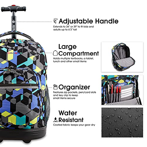 Image of J World Sunrise Kids Rolling Backpack with Wheels for Girls Boys, Roller Bookbag for School, 18 x 13 x 9 Inches, Cubes