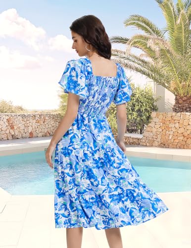 Image of Bbonlinedress Womens Casual Floral Summer Smocked Beach Party Boho Midi Square Neck Dress