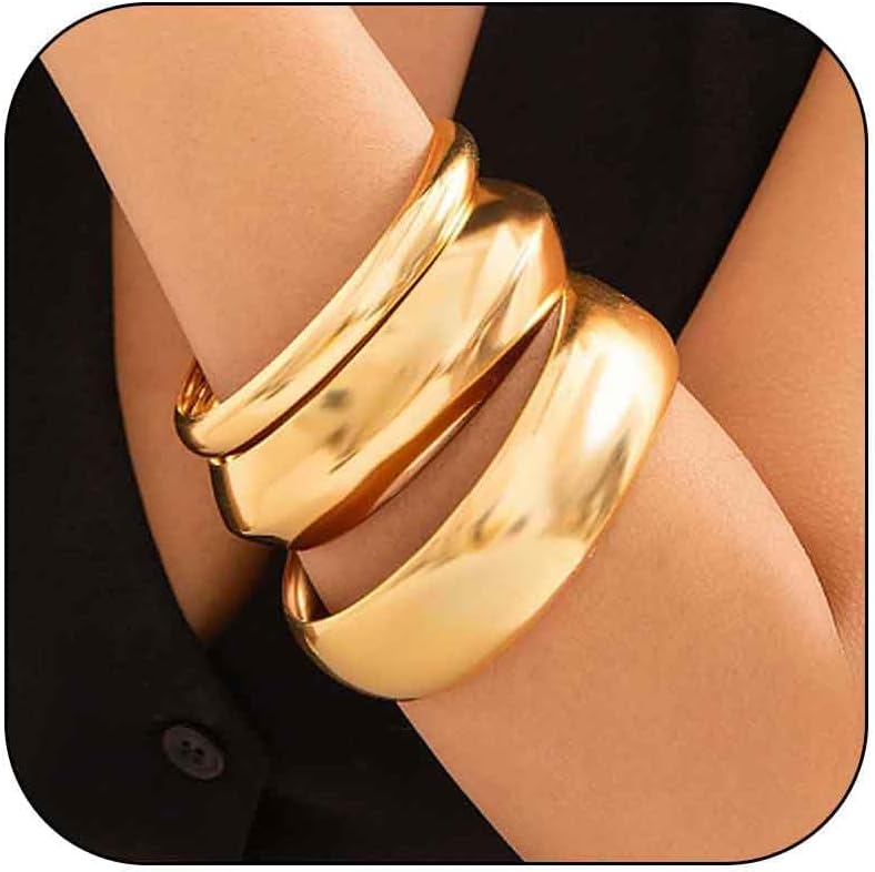 Gold Bangle Bracelet Wide Chunky Cuff Statement Jewelry