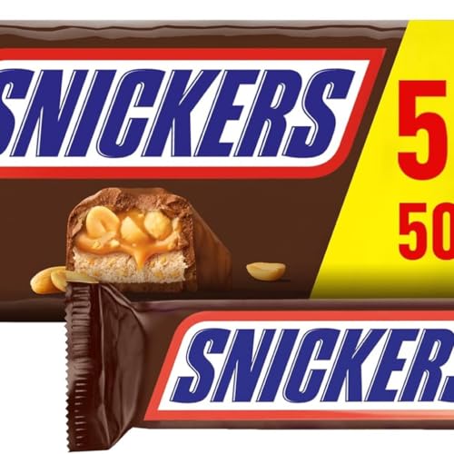 Snickers Chocolatina con Deliciosa Crema de Cacahuete, Suave Caramelo y trocitos de Cacahuete recubiertos de Chocolate con Leche, 5 x 50g