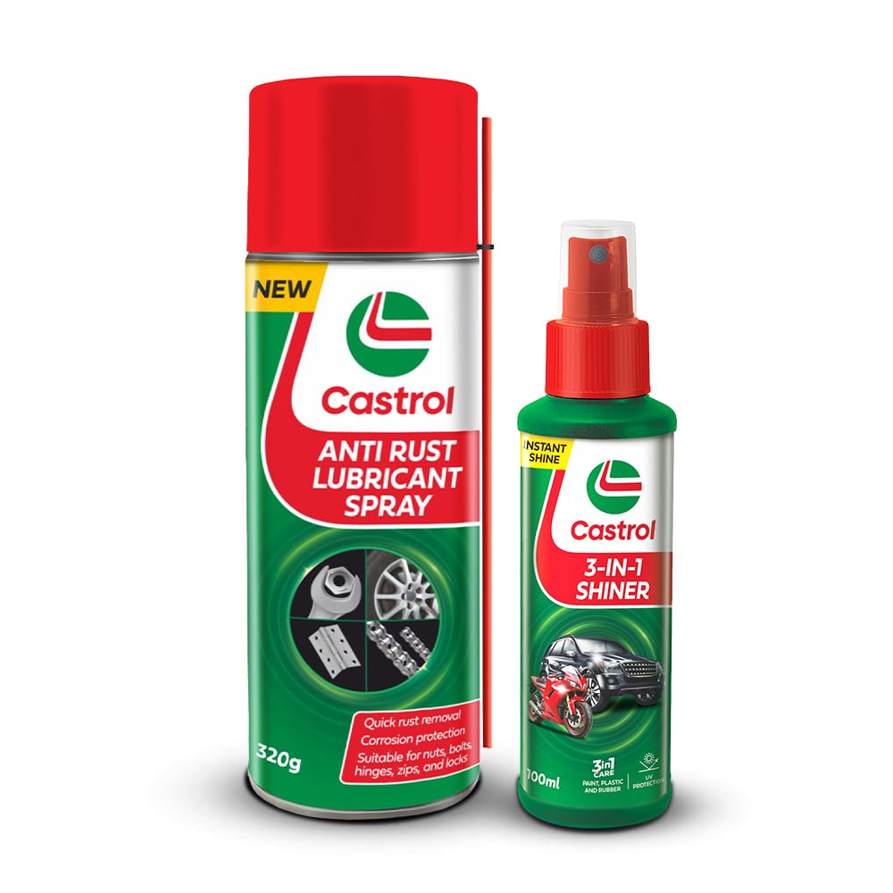 Castrol ANTI RUST LUBRICANT SPRAY for Bikes and Cars (420ML) | Protects from Corrosion | Excellent Lubrication + Castrol 3-in-1 Shiner for Bikes and Cars (100ML) | Provides Long-Lasting Gloss Finish-image-44