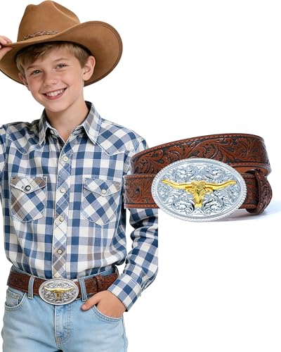 Kajeer Kids Western Belt for Boys Girls Cowboy Leather Embossed Western Longhorn Bull Buckle Belts for Jeans (Cow Buckle- Dark Brown for Wasit 29-34)