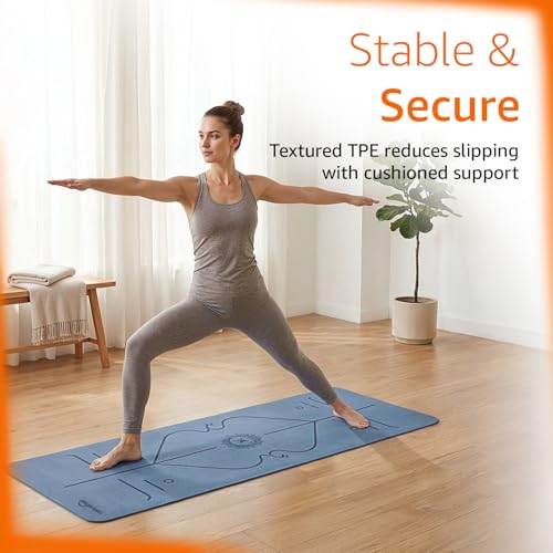 Image of Amazon Basics TPE Yoga & Exercise Mat with Carrying Strap | 6 mm Thick | Non-Slip Grippy Surface | Lightweight & Eco-Friendly Rubber-Like Material | Floor Protection | Ideal for Yoga, Pilates, Stretching & Fitness | 183 x 61 cm | Dark Blue & Light Blue
