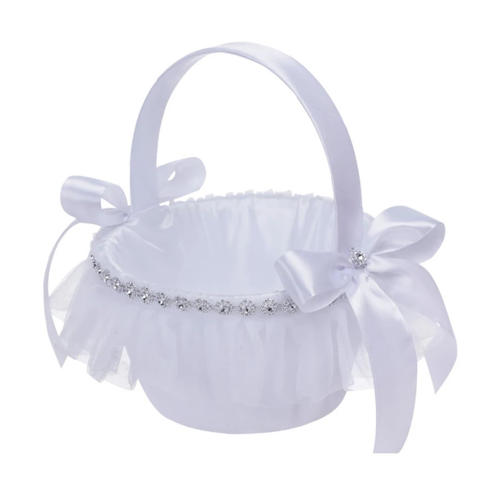 Wedding Petal Confetti Basket, Wedding Flower Basket White Bow Tie Satin Picnic 7.5x6x6 inches Handheld Photo Prop(White4)