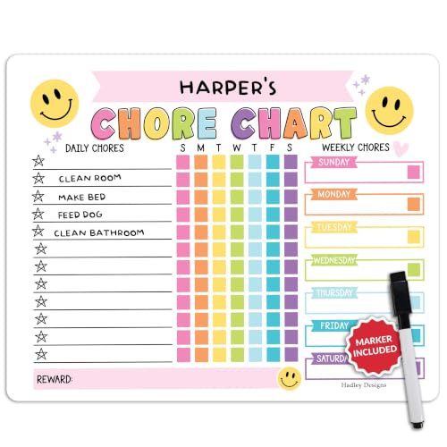 Image of Magnetic Chore Chart for Kids Dry Erase Reward Chart for Home and Classroom | Smiley Pink Reusable Behavior Charts for Kids at Home and School, Weekly Magnet Responsibility Tracker for Teens and Adults