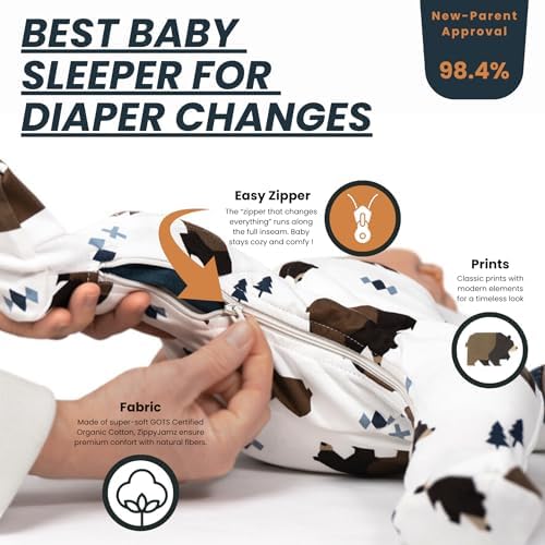ZIPPYJAMZ Baby Sleepers, Organic GOTS Cotton Footed Onesies, Inseam Zipper for Quicker and Easier Diaper Changes - Little Grizzle (9-12 Months) — view 3