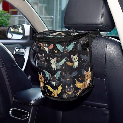 Image of MNSRUU Car Trash Can with Lid, Gothic Skull Cat Bat Car Trash Bag Hanging Organizers and Storage for Front Back Seat, Leak-Proof Trash Bin