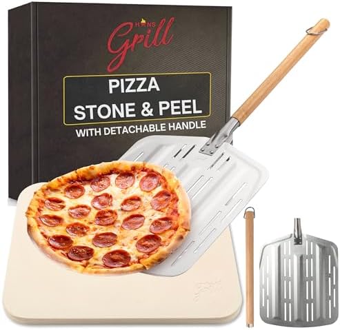 Hans Grill Pizza Stone PRO XL Baking Stone For Pizzas use in Oven, Grill or BBQ FREE Long Handled Anodised Aluminium Pizza Peel | Rectangular Stone 15 x 12
