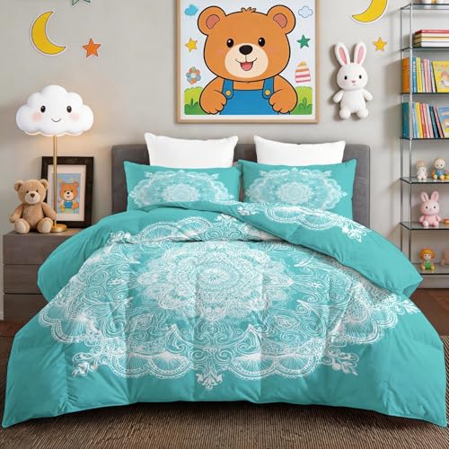 Edredón boho mandala turquesa de 200x200 cm lavable sin funda 3