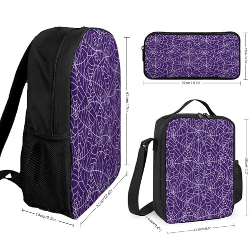 Purple Spider Web Halloween Backpack Set 3 Pieces Backpacks Lunch Bag Wallet For Travel Outdoor Sports2