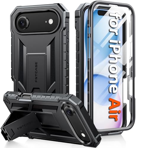 FNTCASE for iPhone Air Phone Case: Military Grade Drop Proof Protection Mobile Cover with Kickstand | Matte Textured Rugged Shockproof TPU | Protective Sturdy for iPhone 17 Air Case - Black