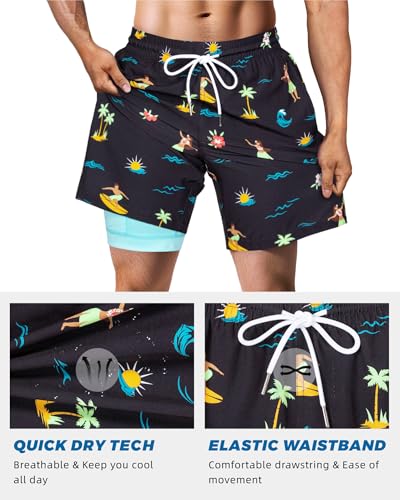 Image of SURF CUZ Mens Swim Trunks with Compression Liner Swim Shorts 7 inch Swimming Trunks Stretch 7 Inch Swim Suits Quick Dry