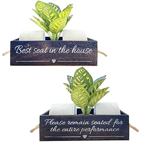 Pret & Lively Farmhouse Box, Bathroom, Storage Basket, Toilet Paper Holder, Funny Gift, Diaper Caddy, Cute Signs, Rustic Wooden Crate with Rope Handles, Artificial Plant, Brown Cover