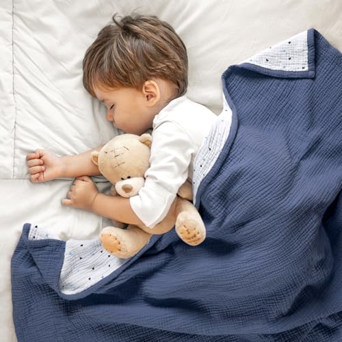 Image of lulumoon Muslin Baby Blanket for Boys: Cotton Toddler Blanket for Daycare | Soft Reversible Crib Bedding for Baby - Lightweight for Naptime, Stroller, Carseat & Travel, 47 inchx47 inch(Blue)