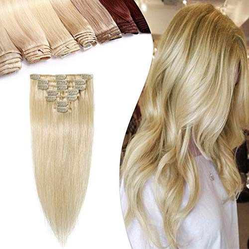 Hairro Clip in Hair Extensions 100% Human Hair Thin #60 Platinum Blonde 22 Inch Long Straight 7pcs 15 Clips 75g Straight Clip on Hairpiece Machine Weft for Women