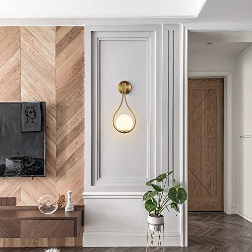 Image of KCO Modern Brass Gold Teardrop Wall Sconce Milk Glass Bathroom Vanity Light | E26 Bulb Included, Indoor Hardwired, Mid Century Wall Light for Bedroom Bedside Kitchen Hallway Living Dining Room Stairway