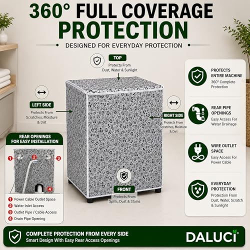 Image of DALUCI Top Load Fully Automatic Washing Machine Cover | Waterproof & Dustproof Polyester Fabric with Zipper | Protective Cover for Washing Machine (Black & Grey, 59X59X86 CM)