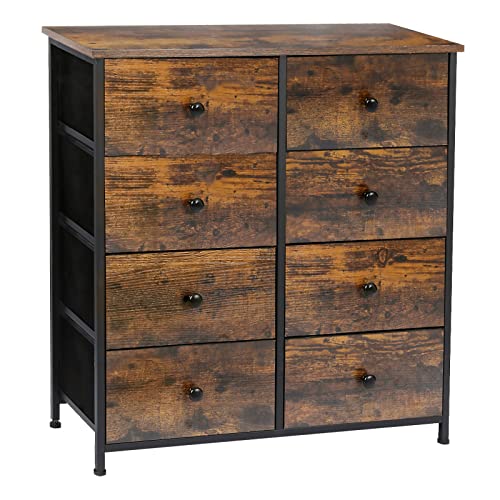 AMHANCIBLE Dresser for Bedroom with 8 Nylon Drawer, Wooden Rustic Brown Dresser with Metal Frame, Closet Dresser Anti-Tipping Device and X-Shaped Reinforcement on Back
