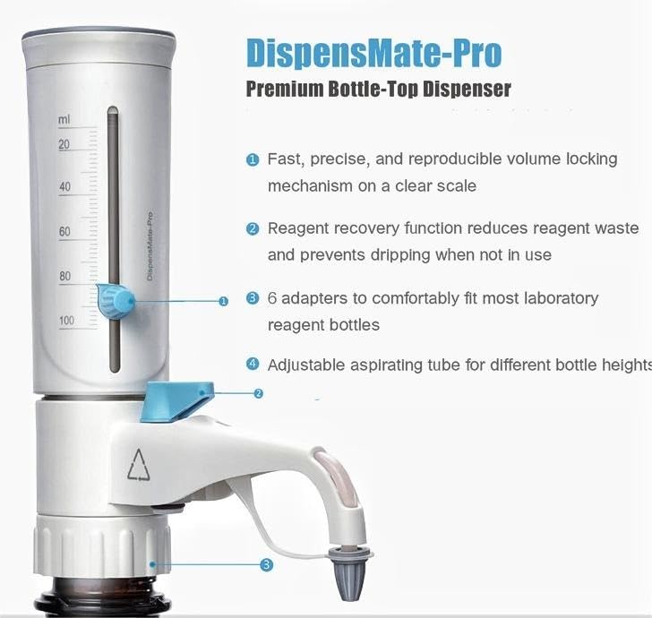 Electric Pipette, Adjust Quantitative Bottle Top Dispenser Lab Pipette Large Capacity Up to 100mL Fully(1.0-10ml with Bottle)