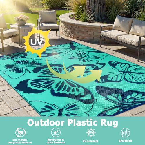 Beeiva Butterfly Outdoor Rug 8x10 Patio Waterproof, 8x10 Reversible Plastic Outdoor Rugs for Patio, Lightweight & Easy Clean Mat for Pool, Balcony, Backyard, Camping, Deck - Teal - Image 6