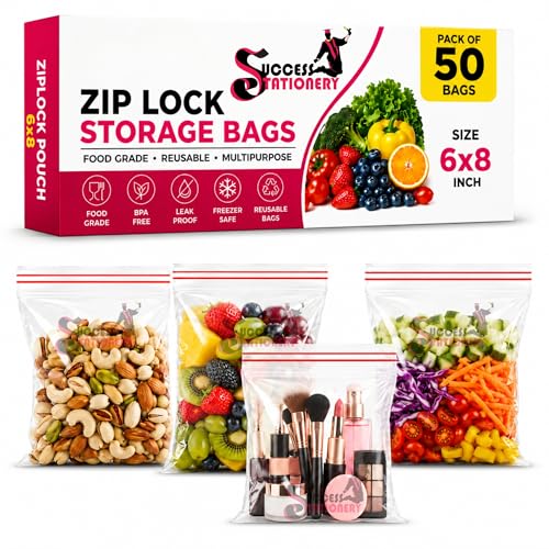 Image of Success Stationery Zip Lock Bags 6 inchx8 inch 50 Pcs - Reusable Transparent Ziplock Pouch for Clothes, Fridge Food Storage, Snacks & Travel Packing - Thick Resealable Zipper Cover