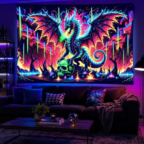 Image of BlissYard Dragon Tapestry Blacklight Tapestry 78x59 Inch UV Wall Hanging | Dragon Tapestry with Neon Dragon Skull Fantasy Scene for Gaming Room Bedroom Dorm and Trippy Wall Decor