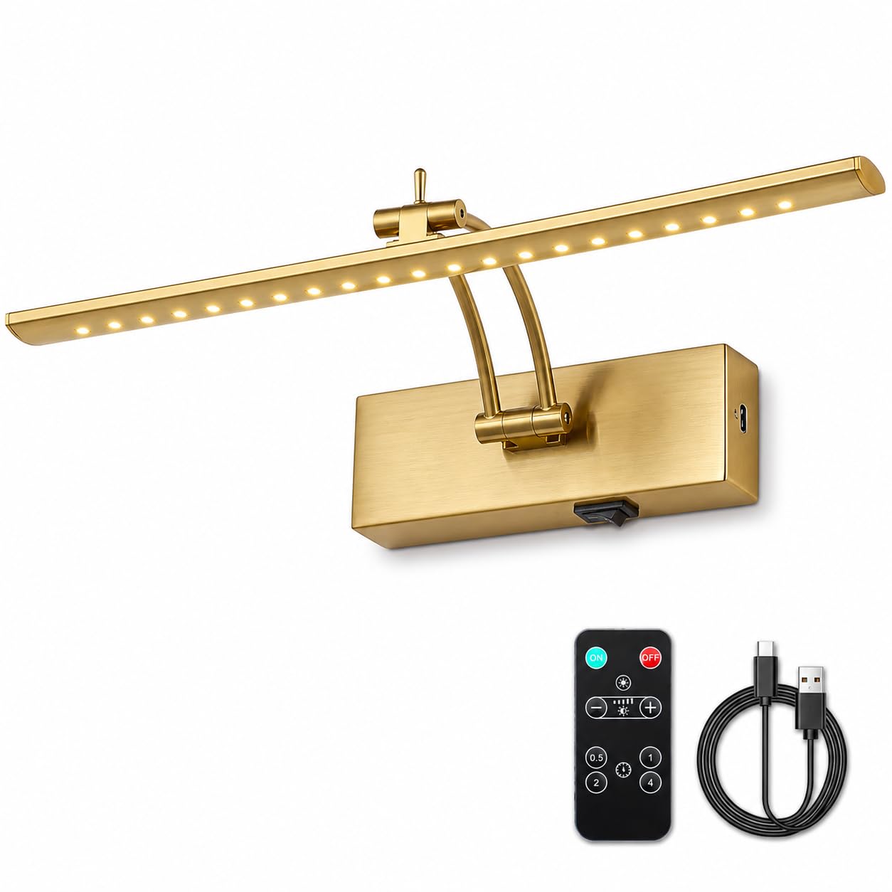 JOOSENLUX Lampada da parete ricaricabile a batteria da 5000 mAh, luce da parete senza fili, in ottone, 40,5 cm, con braccio oscillante con funzione dimmer e timer OFF CRI95+