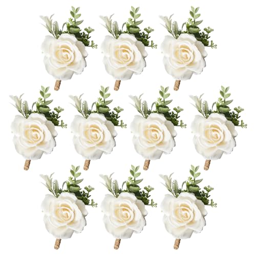 Gvhntk Ivory Rose Boutonniere for Men Wedding Set of 10 Groom Groomsmen Best Man Artificial Flowers Boutonniere for Wedding Ceremony Anniversary Prom Flowers Formal Dinner Party (10 White Middle)