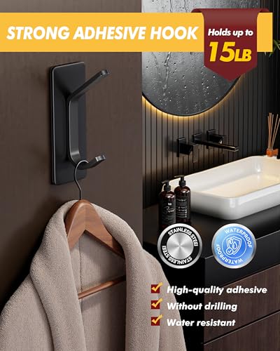 Auxmir Double Adhesive Hooks, 5 Pack Stainless Steel Hooks 15 lb Max, Black - image 2