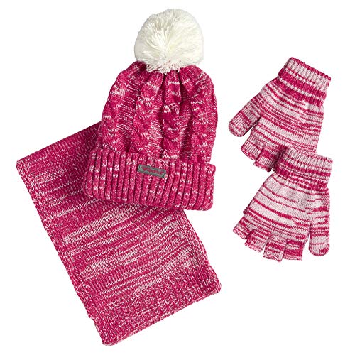 Sportoli Women’s Girls’ kids 3-Piece Cable Knit Cold Weather Set Hat Scarf Glove - Pink (Size Teens / 8-16 Yrs)