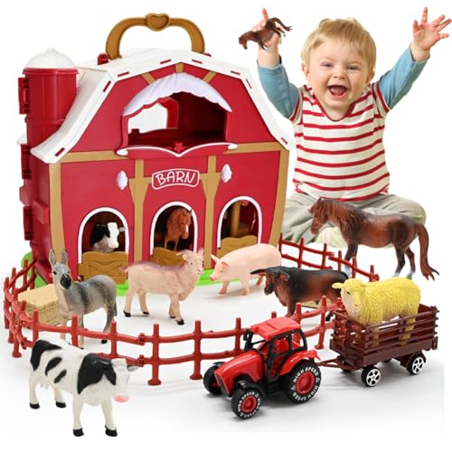 Big Red Barn Toys for Toddlers 1 3 Farm Animal Figures Playset with Tractor for 2 3 4 5 Year Old Kids Preschool Montessori STEM Learning Toys Christmas Birthday Easter Gift for Boys Girls