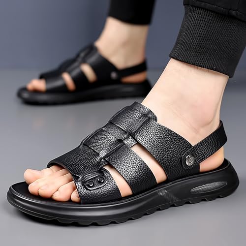 Men'S Leather Round Open Toe Platform Sandals With Adjustable Dual-Purpose Strap Slip-On Comfort Soft Bottom Anti-Slip Beach Water Slippers For Casual Walking Office Business4