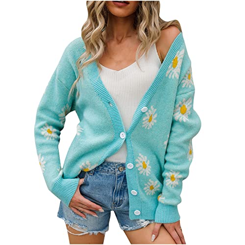 Women Y2K Floral Print Knit Cardigan Sweater Teen Girls Cute Daisy Print Y2K Top Long Sleeve V Neck Vintage Outerwear
